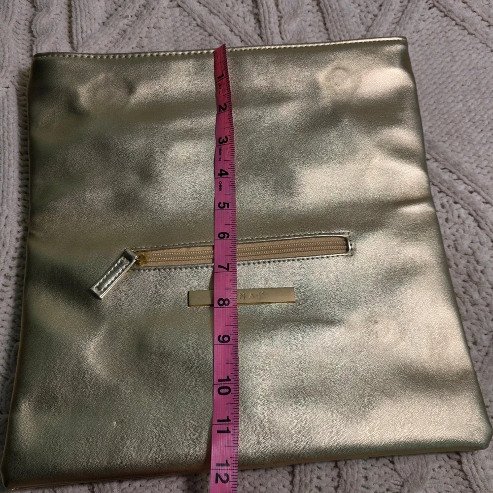 Monat Foldover Clutch Gold Metallic Faux Leather Tassel Zip Womens OS Excellent